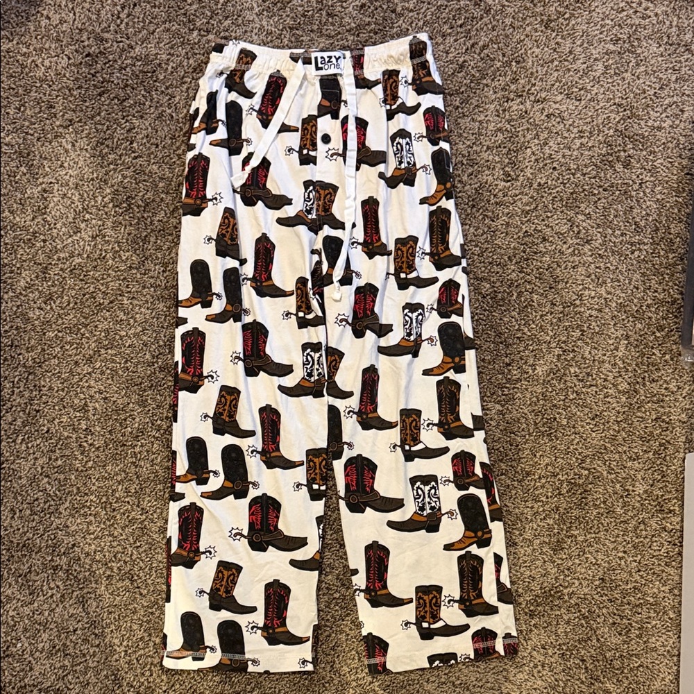Lazy One White Pajama Pants with Multicolor Cowboy Boot Print